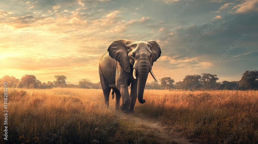 Naklejka premium A large elephant walks gracefully across a grassy landscape at dusk