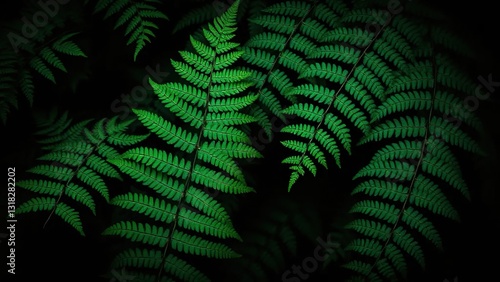 Dark green ferns on a black background with a hint of blue, plant life, ferns, botanicals
