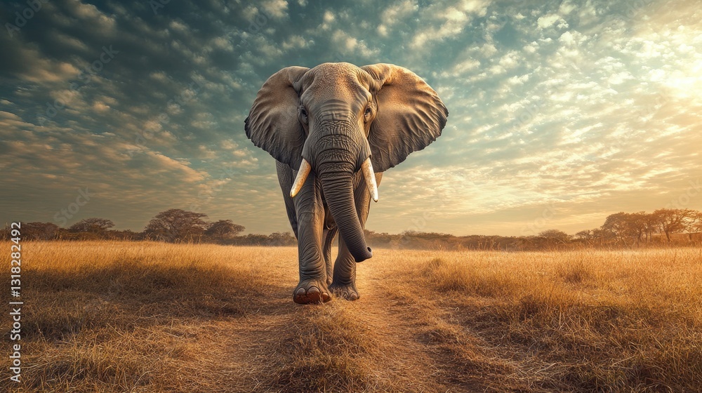 Fototapeta premium A massive elephant strides directly towards the camera across grasslands