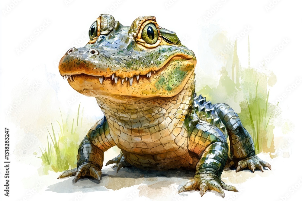 Fototapeta premium A Colorful Watercolor Illustration of a Young Alligator on the Ground