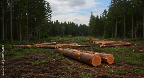 background, Logs in a forest clearing symbolize sustainable harvesting practices. wallpaper
