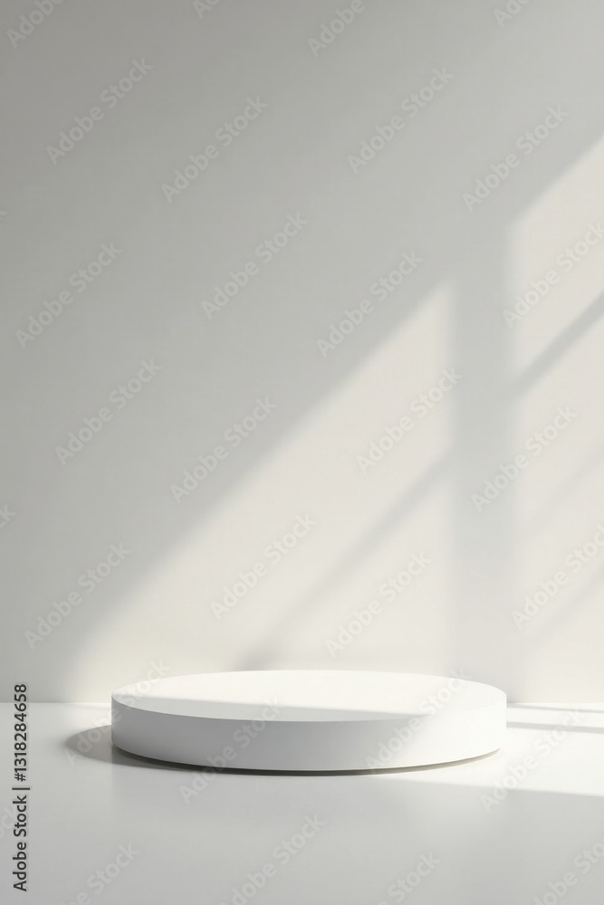 A minimalist white cylindrical platform bathed in soft sunlight against a neutral backdrop, ideal for product displays and presentations A minimalist white cylindrical platform bathed in soft sunlight against a neutral backdrop, ideal for product displays and presentations
