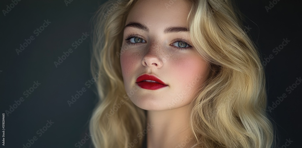 Beautiful blonde woman with long hair, perfect makeup, and red lips lying on the floor. Beautiful blonde woman with long hair, perfect makeup, and red lips lying on the floor.