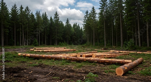background, Logs in a forest clearing symbolize sustainable harvesting practices. wallpaper