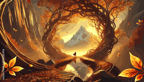Fantasy digital painting of a lone traveler walking through an autumnal archway of twisted trees, leading to a glowing mountain. Warm, mystical, adventurous, and dreamlike.
