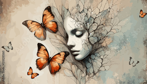 Surreal digital painting of a cracked porcelain face blending with nature, adorned with butterflies and delicate branches. Dreamlike, symbolic, ethereal, and artistic.