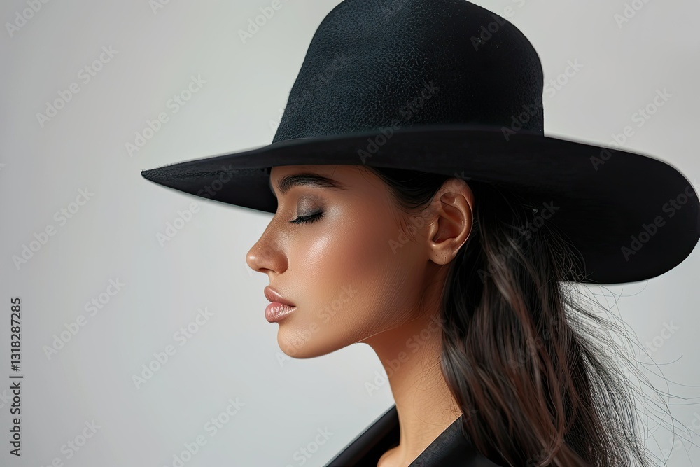 High Definition Image of Side View Woman Wearing a Black Hat with Copy Space High Definition Image of Side View Woman Wearing a Black Hat with Copy Space
