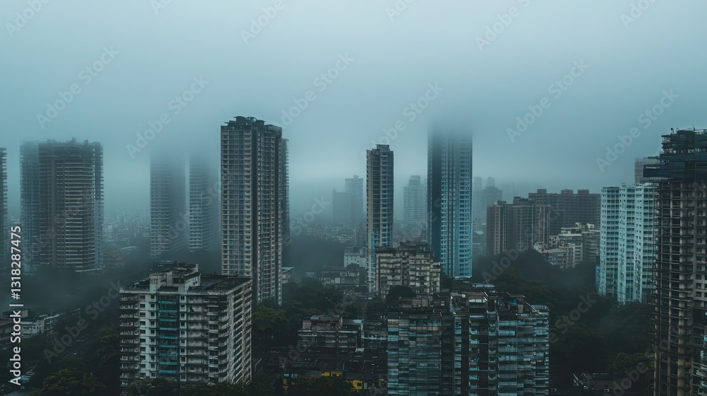 Fototapeta premium A foggy city skyline with only the tallest buildings visible