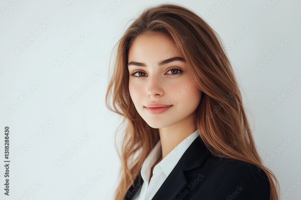 Young professional woman smiling at camera against a white backdrop Young professional woman smiling at camera against a white backdrop
