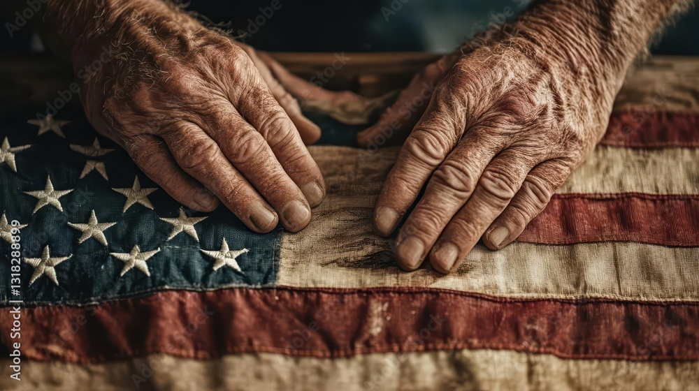 Fototapeta premium Close-Up of Weathered Hands on Vintage American Flag Fabric