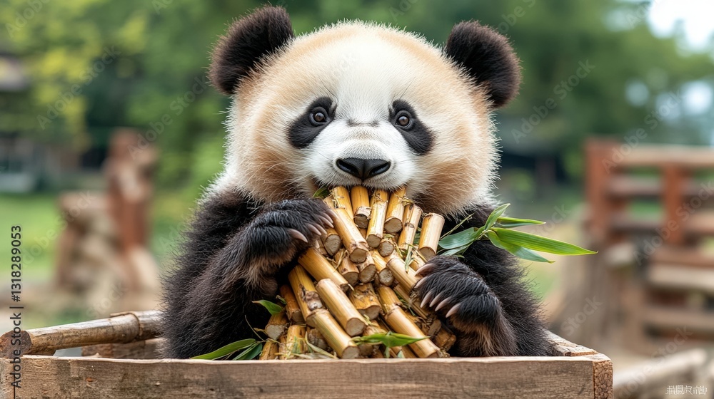 Fototapeta premium Delightful panda enjoying a selection of bamboo sticks in a softly lit studio environment with natural accents
