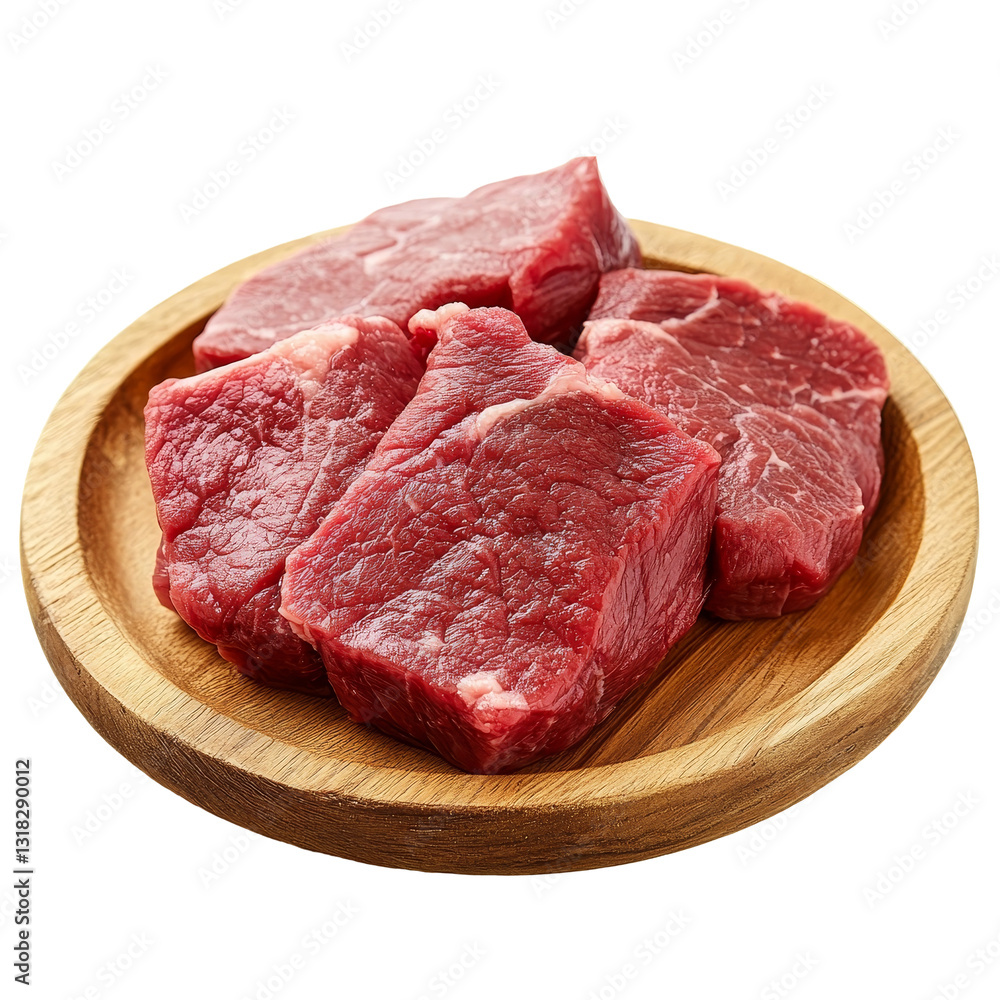 Obraz premium Fresh raw beef cuts on a wooden plate ready for cooking in a clean kitchen setting, fresh raw beef meat on wooden plate isolated on transparent background