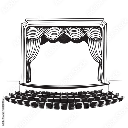 Line art theater stage seats arrangement curtain art vector	