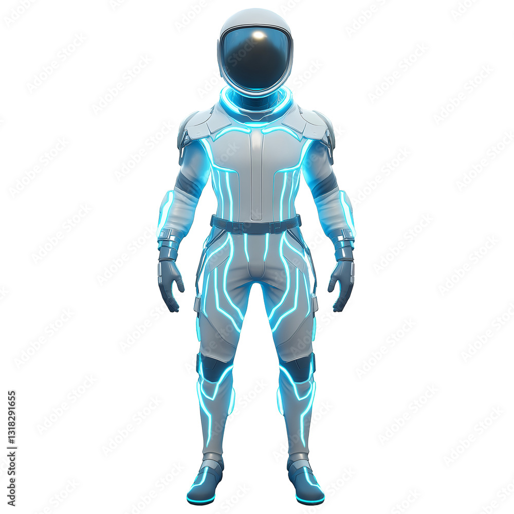 Standing Figure Wearing Futuristic Suit with Glowing Blue Details on White, Space Exploration and Sci Fi Concepts Concept Standing Figure Wearing Futuristic Suit with Glowing Blue Details on White, Space Exploration and Sci Fi Concepts Concept