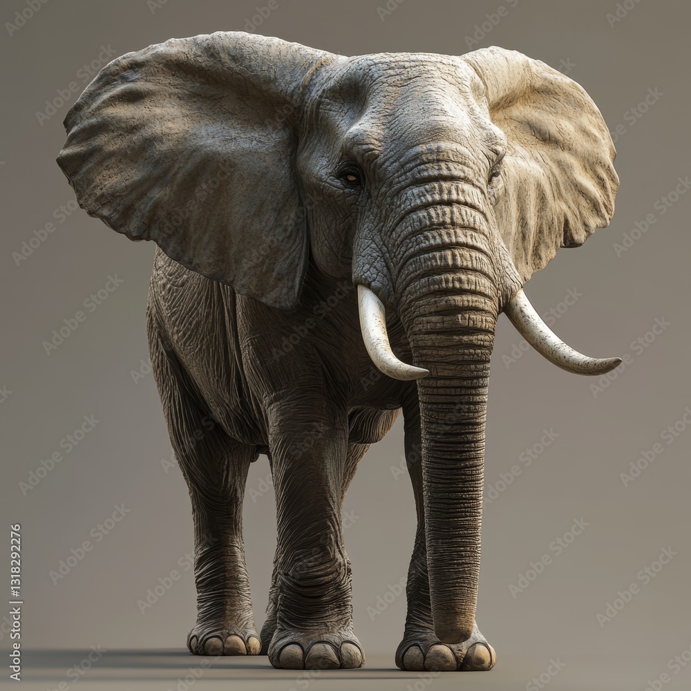 Fototapeta premium A large elephant stands in front of a grey background. The elephant is the main focus of the image, and it is the most important element in the scene