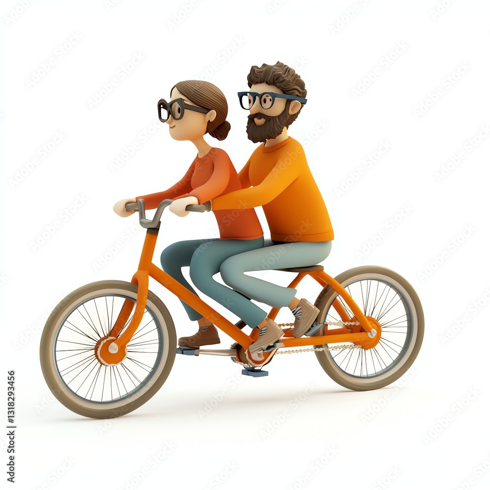 Naklejka premium A couple riding a tandem bicycle, enjoying a fun and active outdoor adventure together.