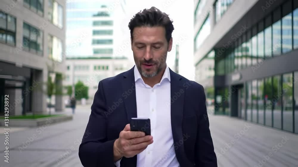 Middle-aged Caucasian Man in Business Suit Using Smartphone on Modern City Street Surrounded by Glass Buildings and Urban Life Middle-aged Caucasian Man in Business Suit Using Smartphone on Modern City Street Surrounded by Glass Buildings and Urban Life