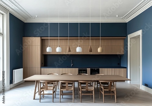 Wallpaper Mural A modern, minimalist dining room with blue walls, sleek pendant lights above the long table and chairs, a white ceiling, and wooden cabinets in one corner of the kitchen area Torontodigital.ca