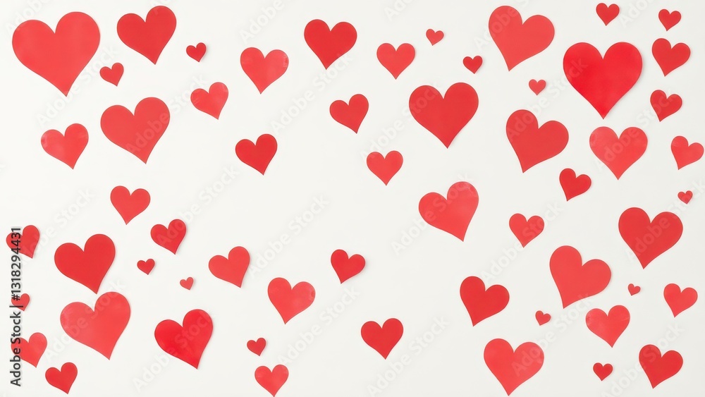 there are many red hearts are scattered on a white surface, there are many red hearts are scattered on a white surface,