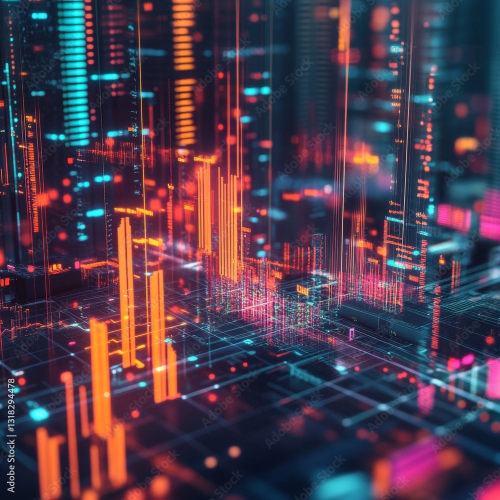 Digital Data Visualization in a Futuristic Cityscape with Vibrant Colors and Complex Patterns Digital Data Visualization in a Futuristic Cityscape with Vibrant Colors and Complex Patterns
