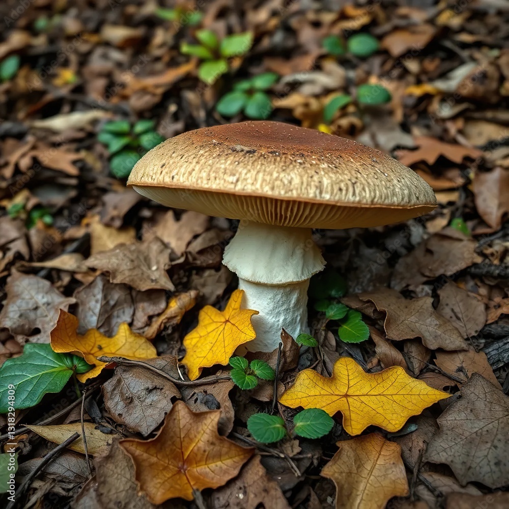 Decaying leaf litter surrounds the bolete's cap, forest ecosystem, forest litter, nature Decaying leaf litter surrounds the bolete's cap, forest ecosystem, forest litter, nature