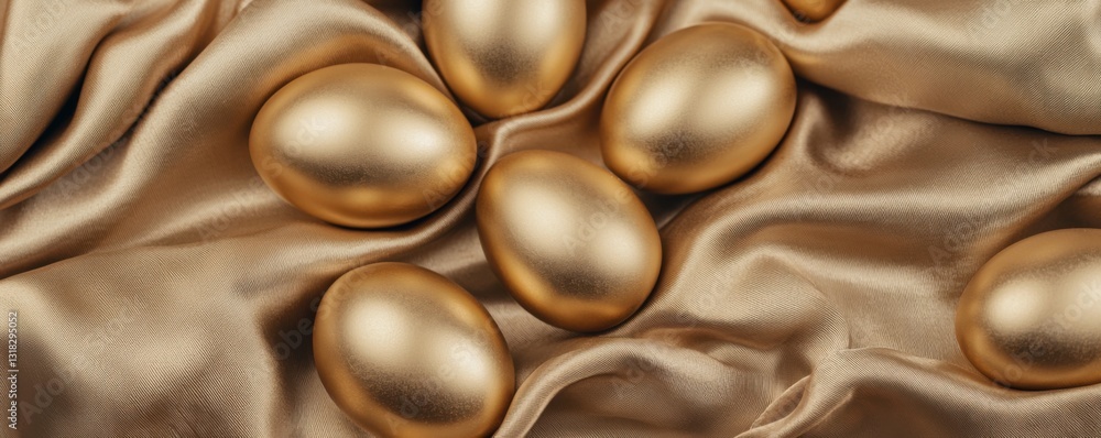 Fototapeta premium Golden eggs are scattered on a luxurious satin surface, creating a rich and elegant visual composition.