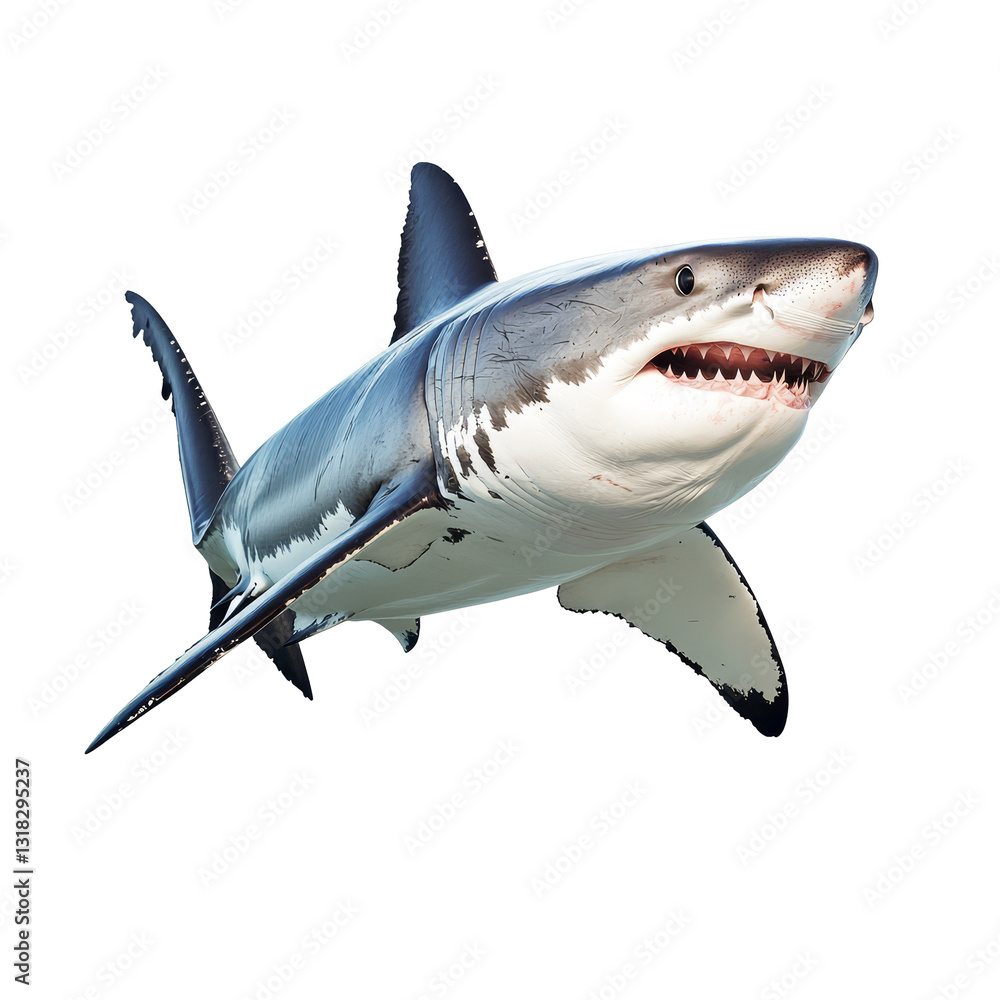 Fototapeta premium Great transparent shark swimming in clear waters against a bright transparent background showcasing its powerful form, Great transparent Shark Isolated on transparent background