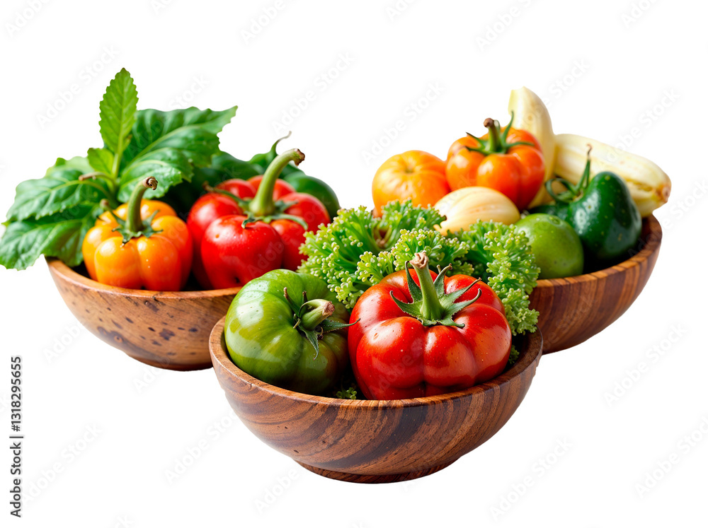 Fresh colorful vegetables in wooden bowls, isolated on a transparent PNG background Fresh colorful vegetables in wooden bowls, isolated on a transparent PNG background