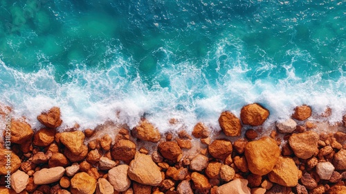 Aerial view of rocky beach with powerful waves crashing over the rocks creating a stunning coastal landscape