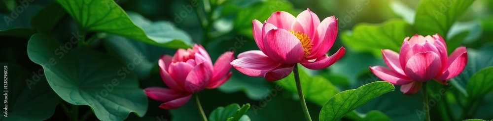 Exotic peony blooms nestled in the midst of dense green leaves, nature, foliage, exotic Exotic peony blooms nestled in the midst of dense green leaves, nature, foliage, exotic