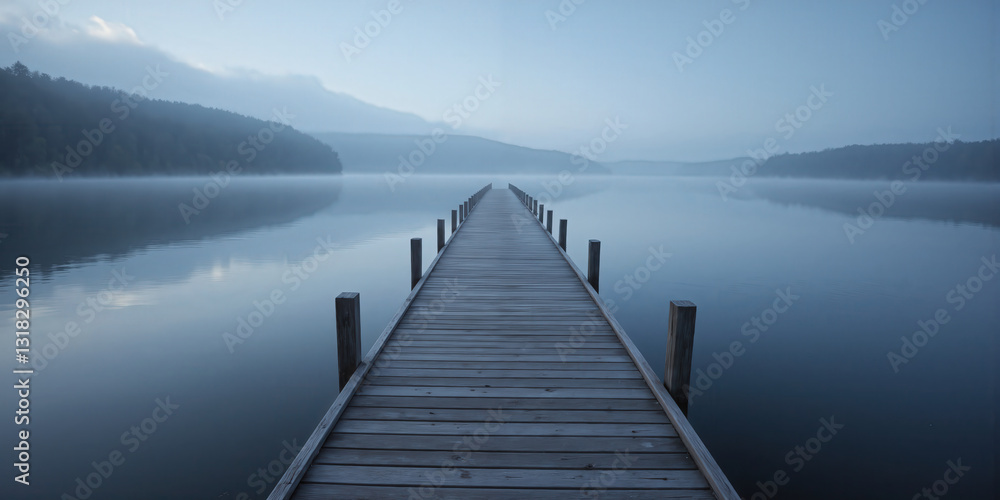 Tranquil lake pier in morning fog Mindfulness and meditation concept Tranquil lake pier extending into misty waters, foggy early morning atmosphere, cool blue Tranquil lake pier in morning fog Mindfulness and meditation concept Tranquil lake pier extending into misty waters, foggy early morning atmosphere, cool blue