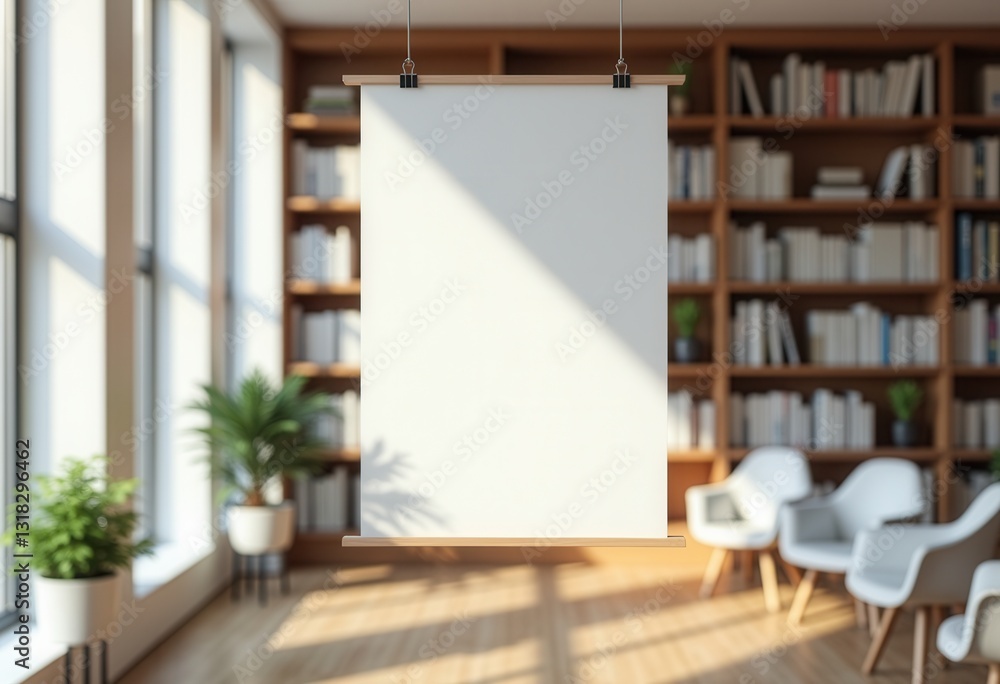 Fototapeta premium Blank poster mockup hanging in library.