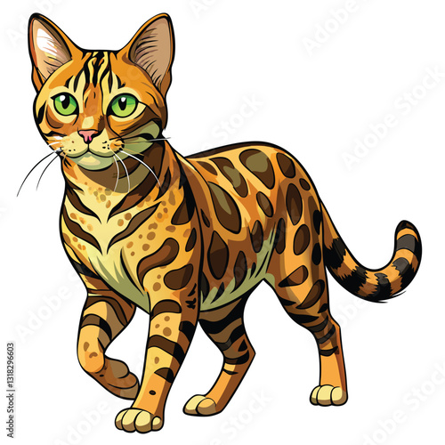 A majestic Bengal cat with a rich golden coat and dark rose markings, mid-stride, showcasing its elegant gait and powerful physique.