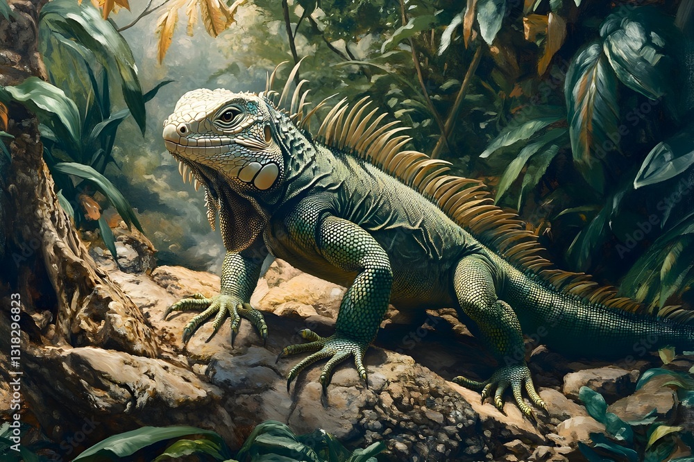 Fototapeta premium Illustration of Iguana in the tropical world, which moves majestically and nimbly on rocky ground and trees, it is a ruler among dense tropical plants