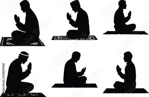 A silhouette design bundle of all the people seen praying to Allah.
