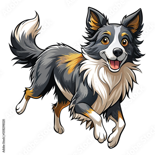 A dynamic image of a Border Collie in full stride, its bushy tail aloft, showcasing intelligence and athleticism.  Capture sharp detail and motion blur.