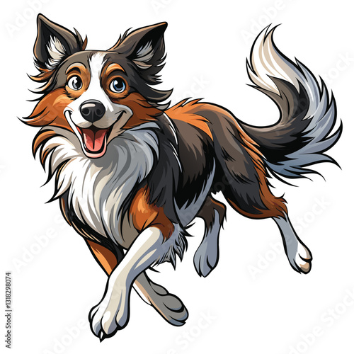 A Border Collie in full stride, its bushy tail raised high, showcasing intelligence and athleticism during a run.