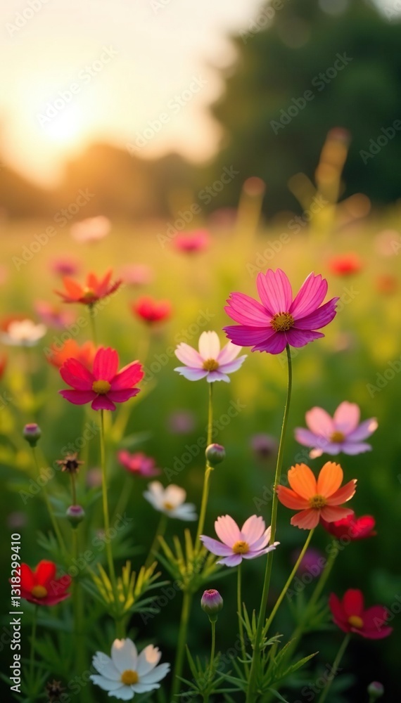 Cosmos bipinnatus in a field with tall grass and sun, foliage, natural, wildflower Cosmos bipinnatus in a field with tall grass and sun, foliage, natural, wildflower