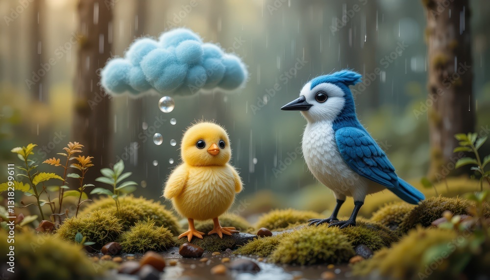 Obraz premium Cute Chick and Blue Jay in Rainy Forest Scene Adorable baby birds under a fluffy cloud