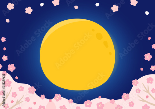 春の桜のイラスト、月と桜の夜桜の風景、桜の背景イラスト素材13