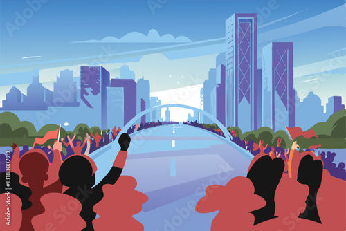 A vibrant, bustling city marathon scene; runners of diverse ages and abilities crossing a finish line, cheering crowds, city skyscrapers in the background.