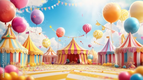 Carnivalthemed party backdrop with bright sunshine, colorful tents, and floating balloons