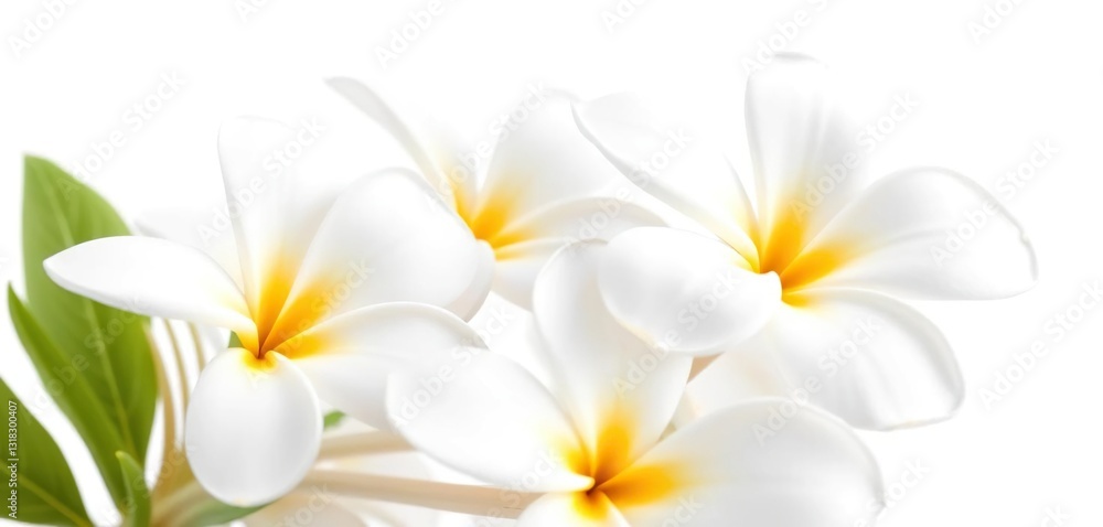 Low-angle close-up of pristine white plumeria and frangipani blossoms, isolated against a pure white backdrop, clean, elegance Low-angle close-up of pristine white plumeria and frangipani blossoms, isolated against a pure white backdrop, clean, elegance