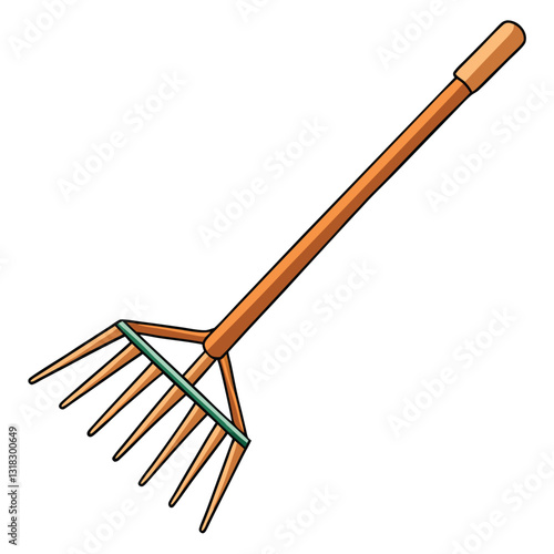 A meticulously detailed image of a classic wooden-handled garden rake, showcasing its weathered wood and metal tines.  Focus on texture and natural light.