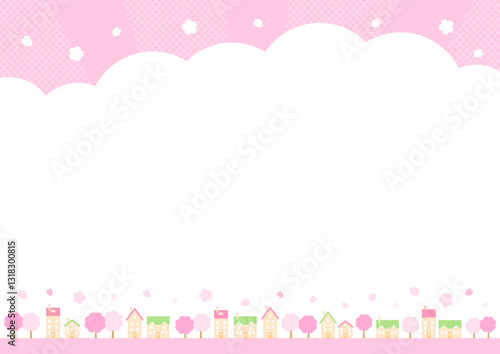 桜の咲く街並み、春の背景イラスト
