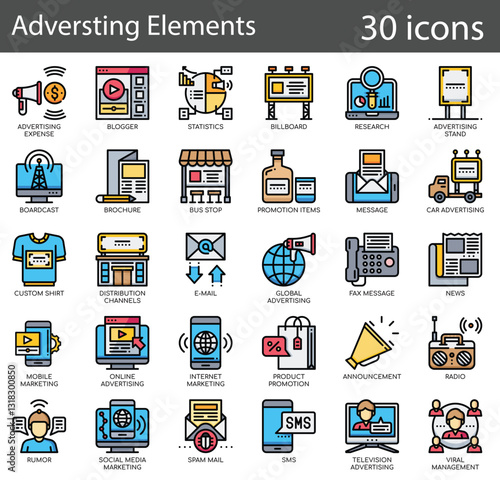 Advertising Elements Line Icons Set. Collection of 30 outline icons representing digital marketing, promotions, and branding strategies.vector illustration.