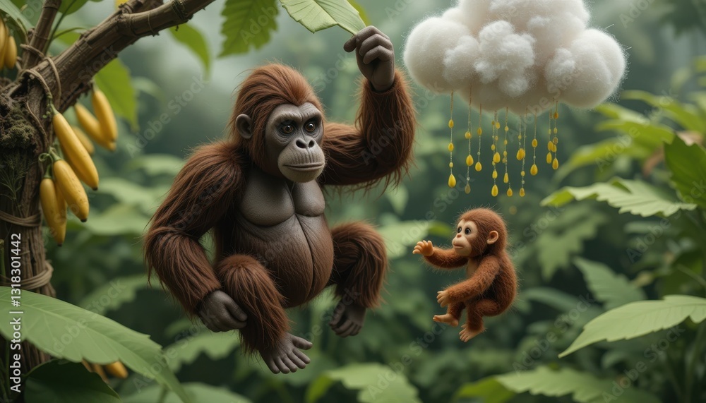 Obraz premium Orangutan Mother and Baby Playing in Lush Rainforest with a Cloud Mobile
