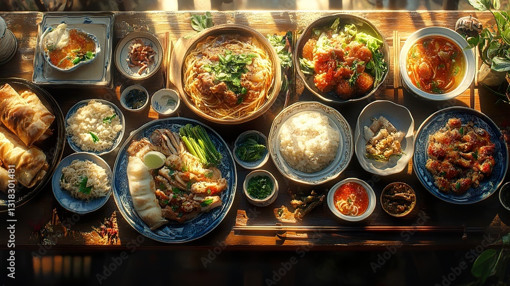 Aromatic Vietnamese Feast: Delicious Dishes on Wooden Table Aromatic Vietnamese Feast: Delicious Dishes on Wooden Table