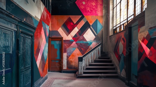 Geometric Mural in Vintage Building: Abstract Stairwell Art