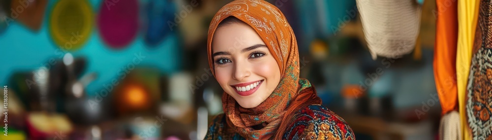 Young woman in colorful hijab smiling in vibrant kitchen setting Young woman in colorful hijab smiling in vibrant kitchen setting